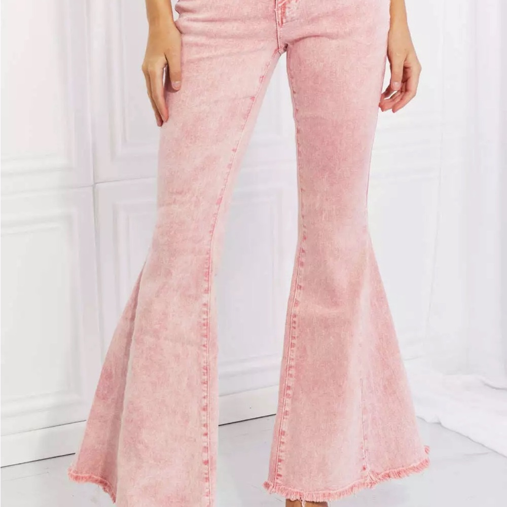 EUC Denim Fray Hem Pink Bell Bottom Jeans western Medium Wash 30in *READ*